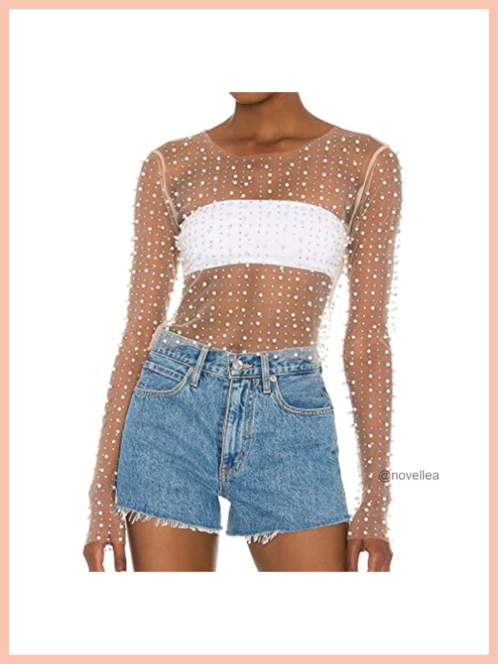 Pearl Rhinestone Sheer Mesh Crop Top Long Sleeve Slim Fit Blouse